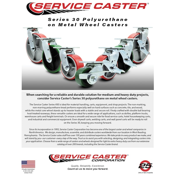 Service Caster 5 Inch Red Poly on Cast Iron Wheel Swivel Caster Set with Roller Bearings SCC SCC-30CS520-PUR-RS-4 - main